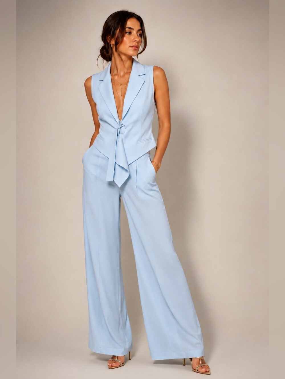 Sleeveless Light Blue Vezt Eith Gold Buttons Wide-Leg Pamt Set with Tie Front